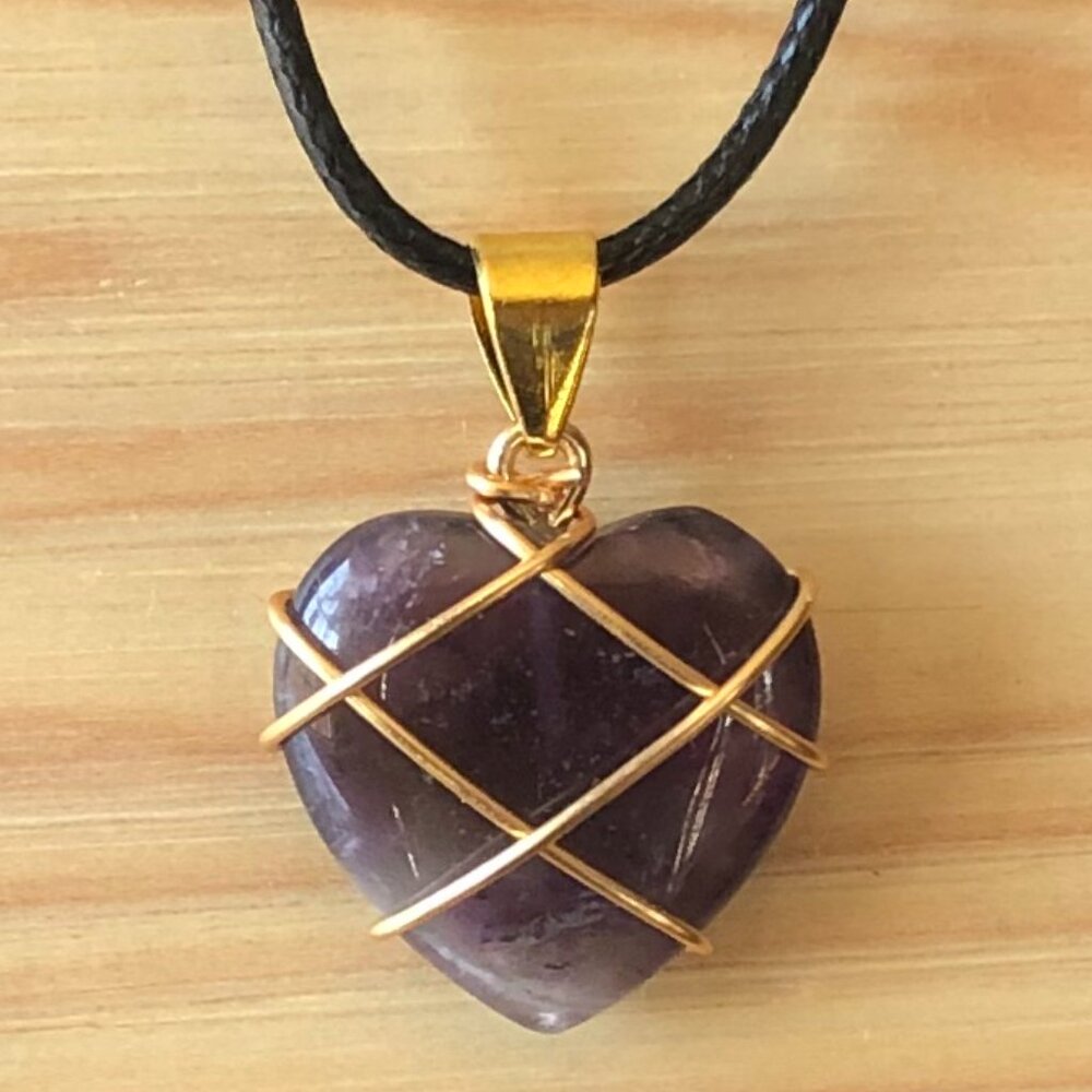 Amethyst Heart Natural Gemstone Gold Wire Winded Pendant Necklace